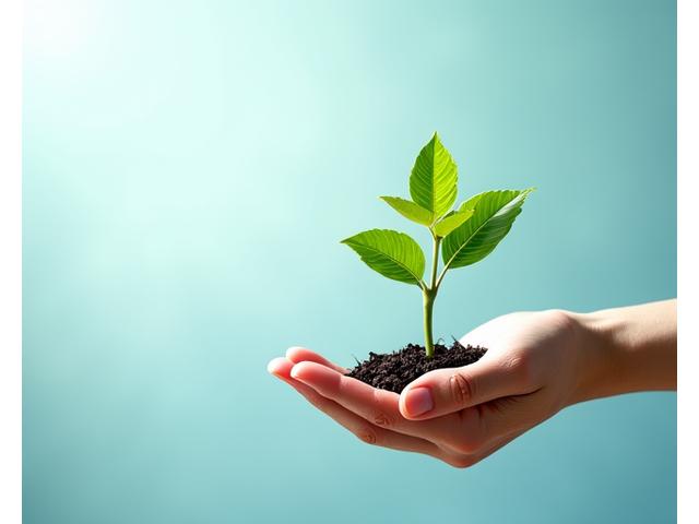 Mano sosteniendo una pequeña planta creciendo desde un puñado de monedas, simbolizando el crecimiento de la riqueza.