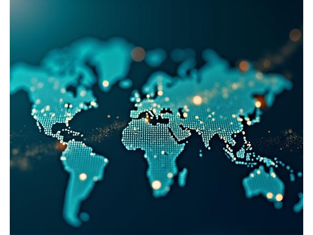 Ciudades conectadas por líneas de datos y gráficos ascendentes, simbolizando la economía global y el escalado.