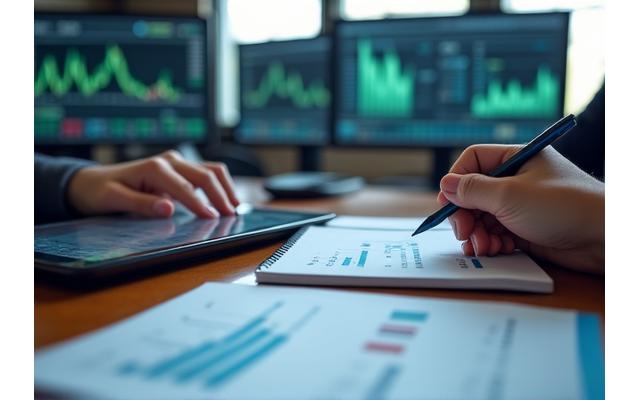 Expertos financieros analizando gráficos de mercado e indicadores de crecimiento