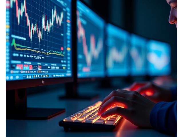 Gráficos complejos y visualizaciones de datos en pantallas de ordenador, simbolizando tecnología financiera avanzada