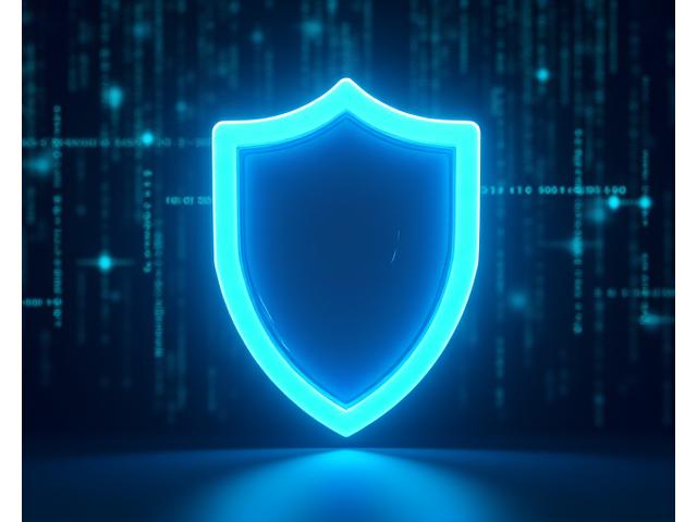 Icono de escudo digital con código binario de fondo, representando la ciberseguridad y protección de datos
