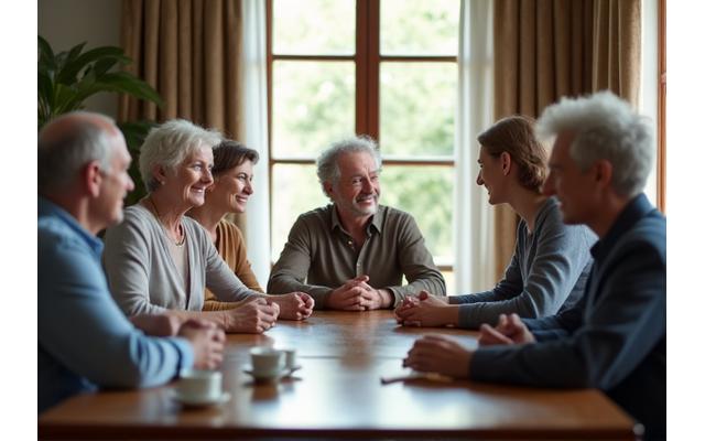 Siluetas de varias generaciones de una familia alrededor de una mesa de reuniones, con documentos y un sentimiento de unidad, simbolizando la gobernanza familiar.