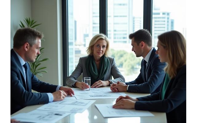 Grupo de profesionales (abogados, asesores fiscales, notarios) en una reunión colaborativa, simbolizando la coordinación multidisciplinar en planificación sucesoria.