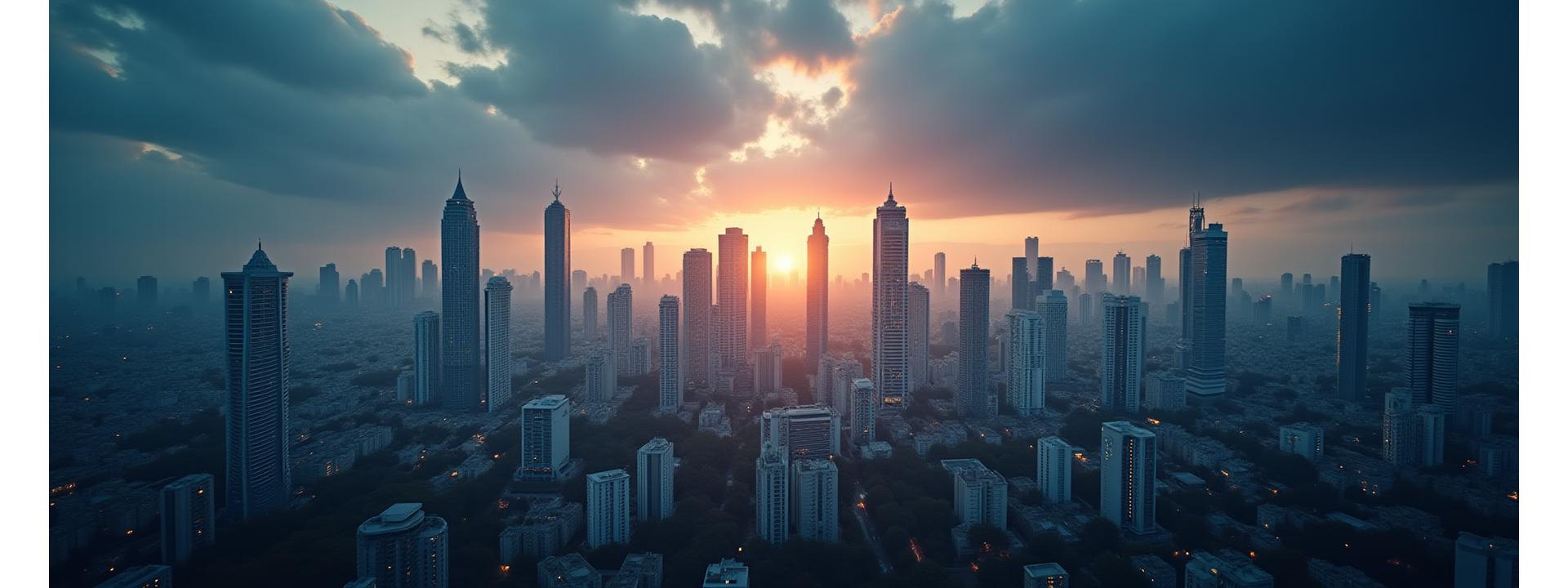 Horizonte moderno de Madrid al atardecer, superpuesto con gráficos financieros sutiles