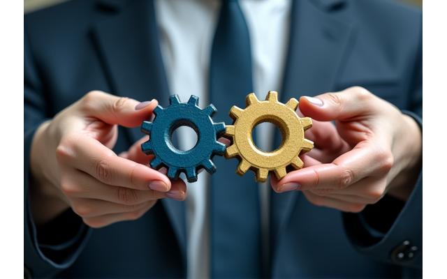 Manos uniendo piezas de un engranaje, simbolizando financiación directa y colaboración.