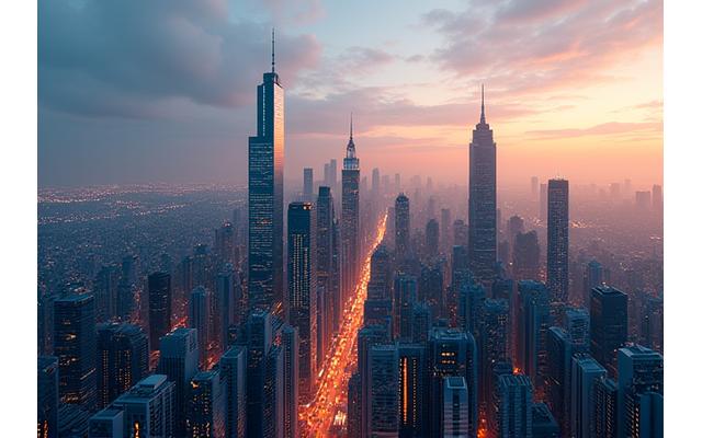 Edificios modernos y un paisaje urbano próspero, representando inversiones en private equity y activos reales.