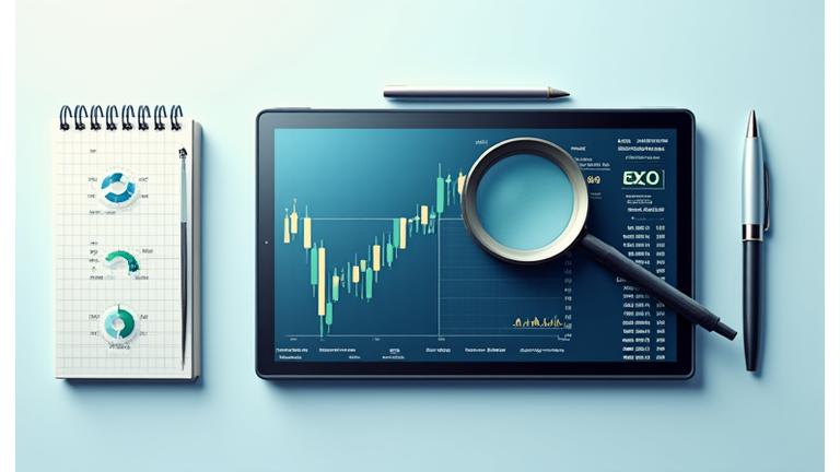 Ilustración de gráficos financieros superpuestos con iconos de lupa y análisis de datos