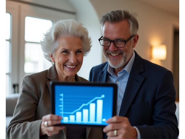 Imagen de un padre y una hija sonriendo y planificando el futuro financiero con una tablet que muestra gráficos de inversión, simbolizando la tranquilidad de la planificación de jubilación.