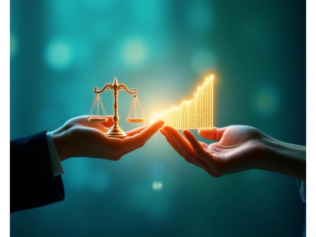 Dos manos enguantadas, una representando la ley (con una balanza) y la otra las finanzas (con un gráfico de barras), entrelazándose para simbolizar la perfecta integración legal y financiera.