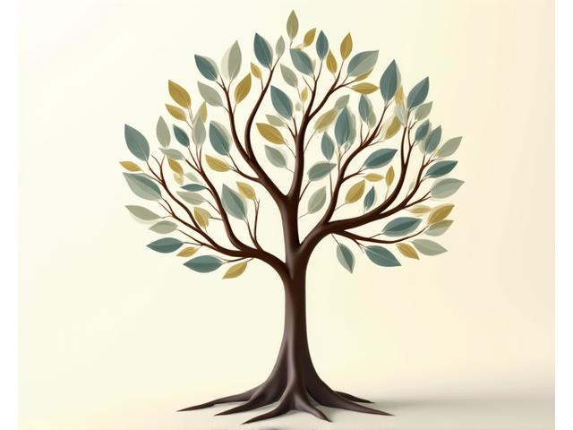 Un árbol genealógico estilizado y moderno, con raíces fuertes y ramas que se extienden, simbolizando continuidad y el legado familiar a través de generaciones.