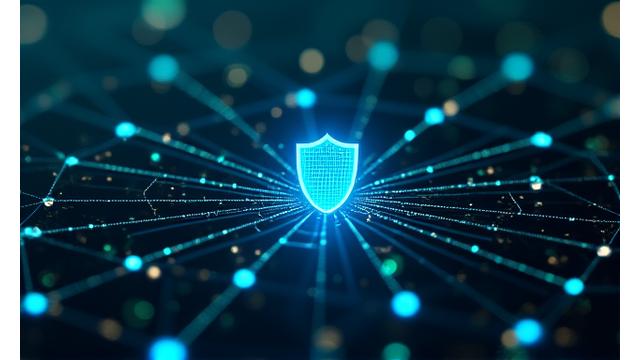 Una red de ciberseguridad con nodos conectados, representando datos protegidos y un escudo digital azul en el centro.