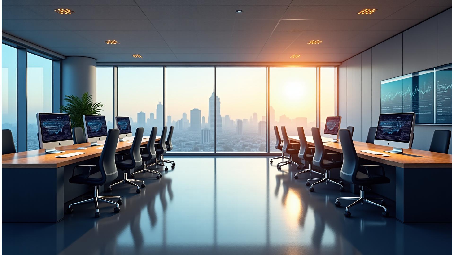 Moderna oficina con vistas panorámicas de Madrid, mesas de trabajo despejadas y pantallas mostrando gráficos financieros