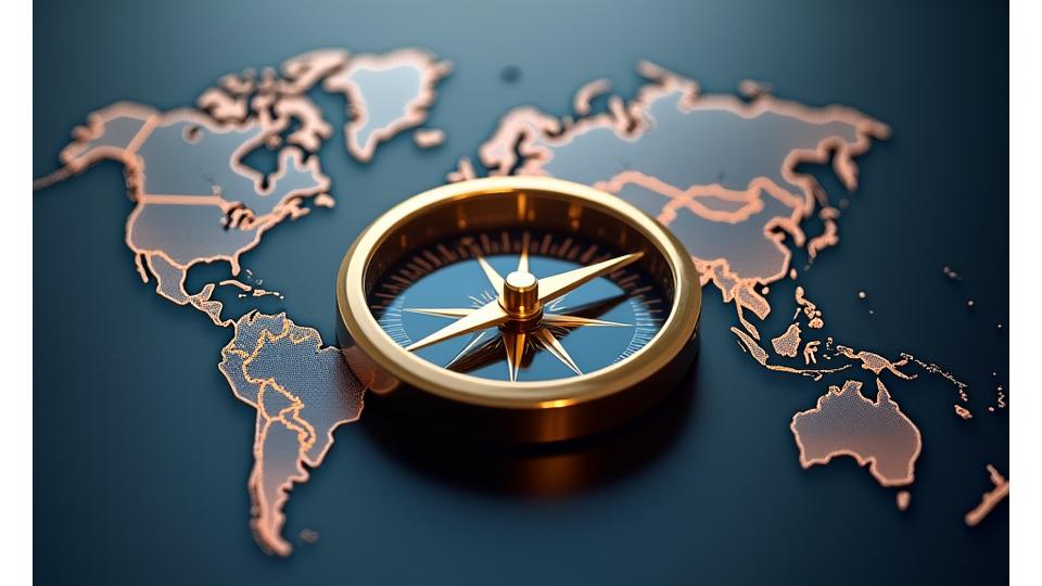 Una brújula moderna sobre un mapa de inversión global mostrando un camino claro hacia la meta financiera.