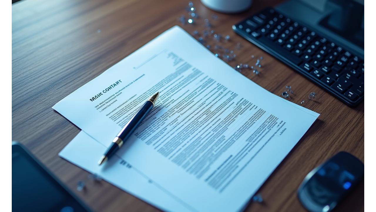Un documento legal detallado sobre un escritorio moderno con elementos gráficos de cumplimiento normativo y seguridad digital.