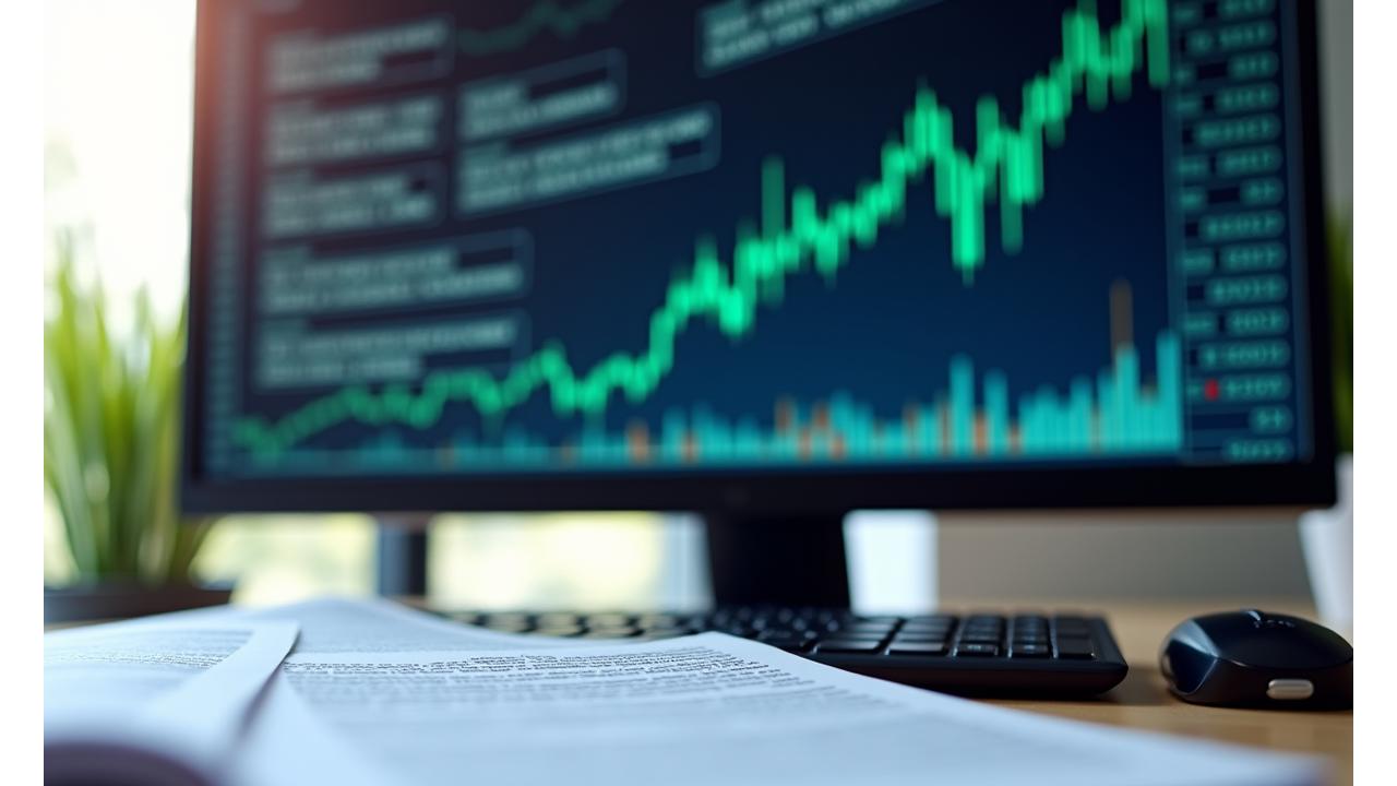 Una pantalla de ordenador mostrando gráficos financieros y texto legal, con un teclado y documentos cerca.