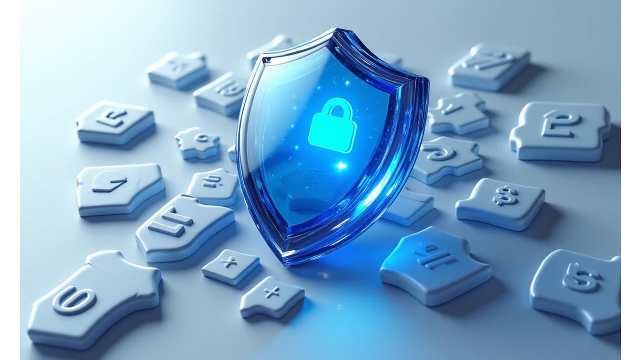 Un escudo estilizado que representa protección de datos y legalidad, con engranajes y símbolos de seguridad.